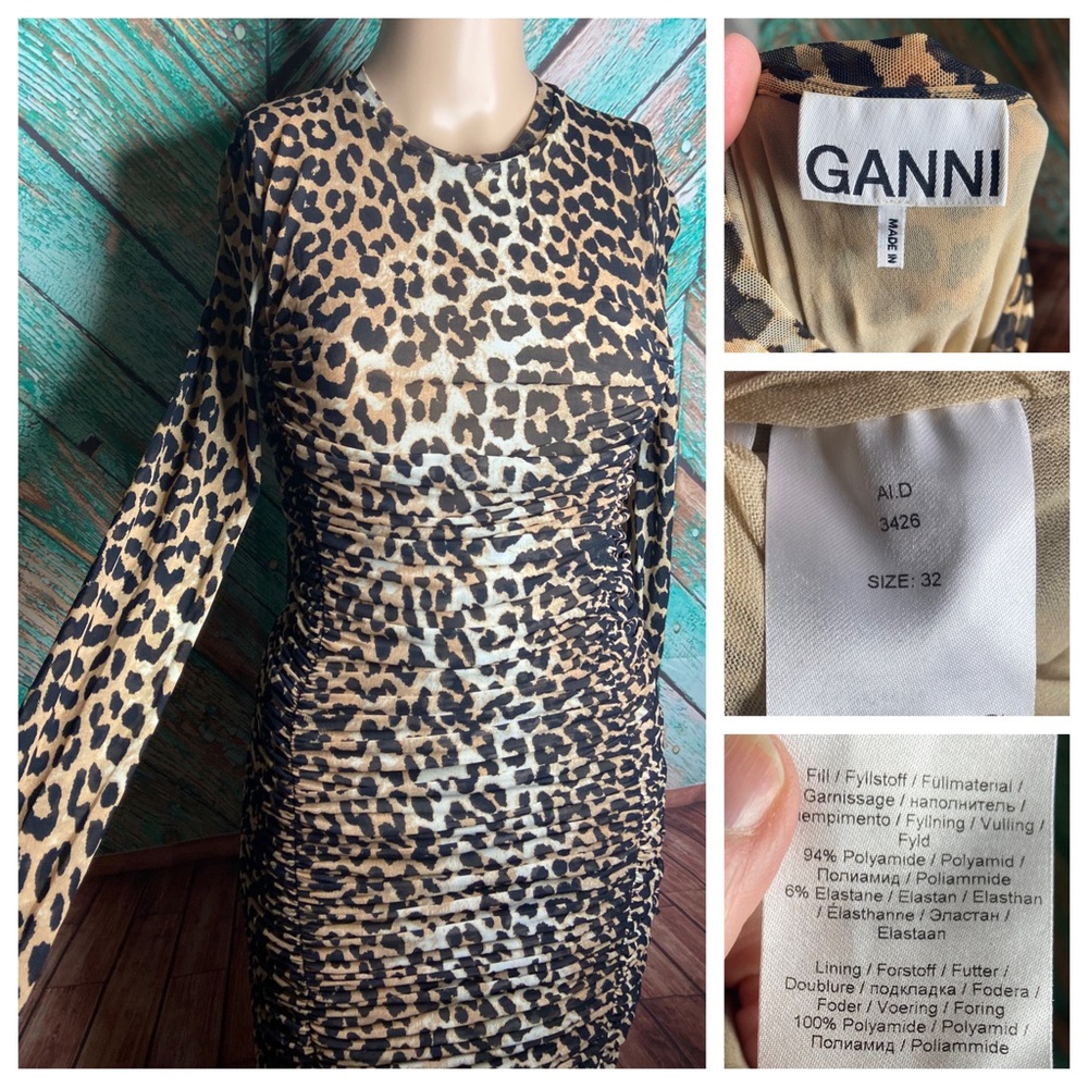 Ganni Leopard Printed Fully Lined Ruched Bodycon Mesh Midi Evening Dress - Picture 2 of 8